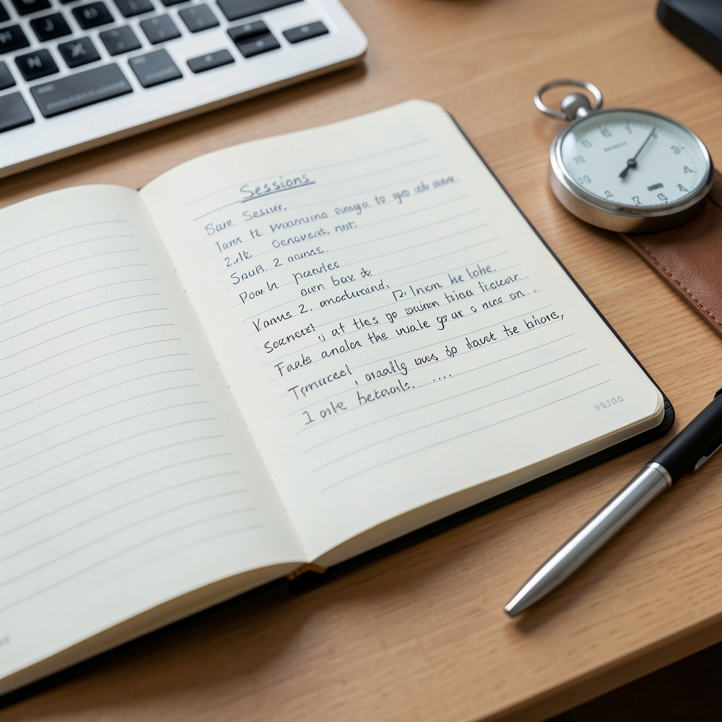 Close-up of a training journal open on a desk with handwritten session notes, a pen, and a stopwatch beside it