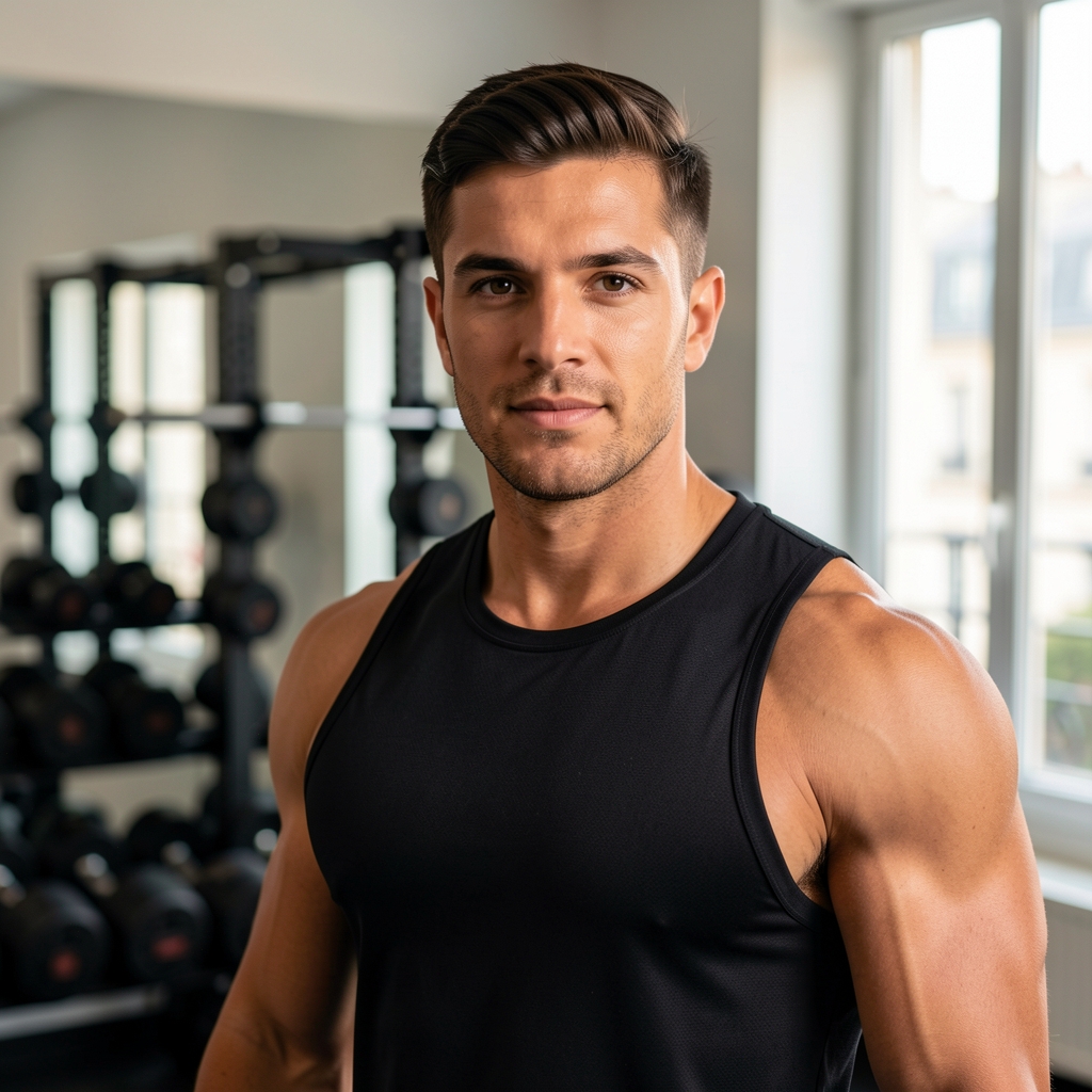 Portrait of a fitness coach standing in a Paris training studio with weights rack visible in the background and soft natural light from a large window