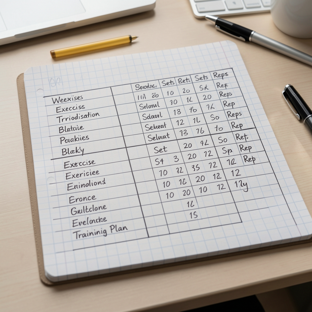 A detailed handwritten training plan on graph paper showing weekly periodisation blocks, exercise names, sets and reps columns, on a clean work desk