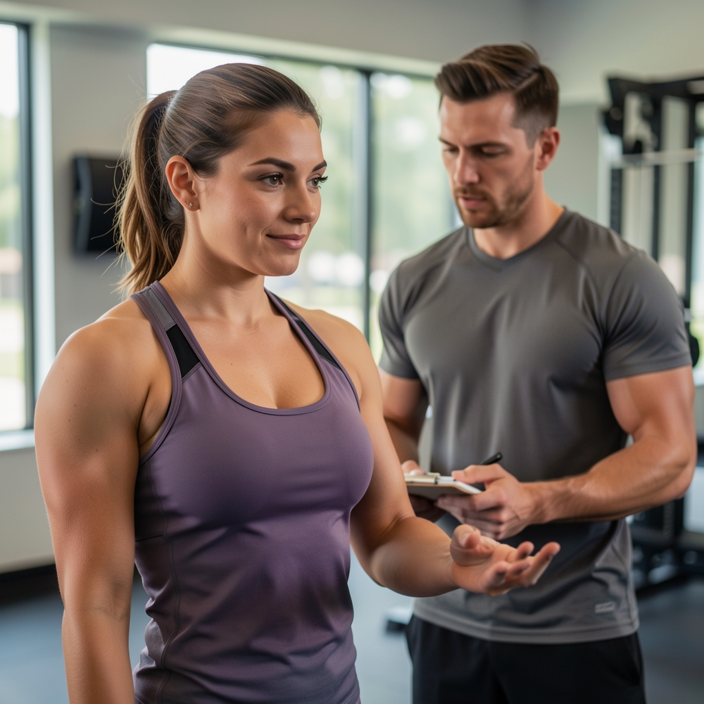 Personal trainer observing a client performing a Romanian deadlift in a private training studio, coach standing beside the client with a notepad