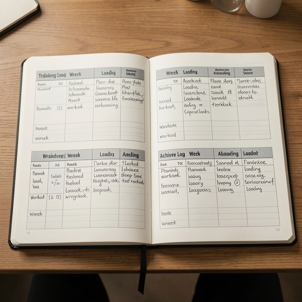 Training log open on a table showing four weeks of recorded sessions with handwritten notes comparing planned versus achieved loading across each workout