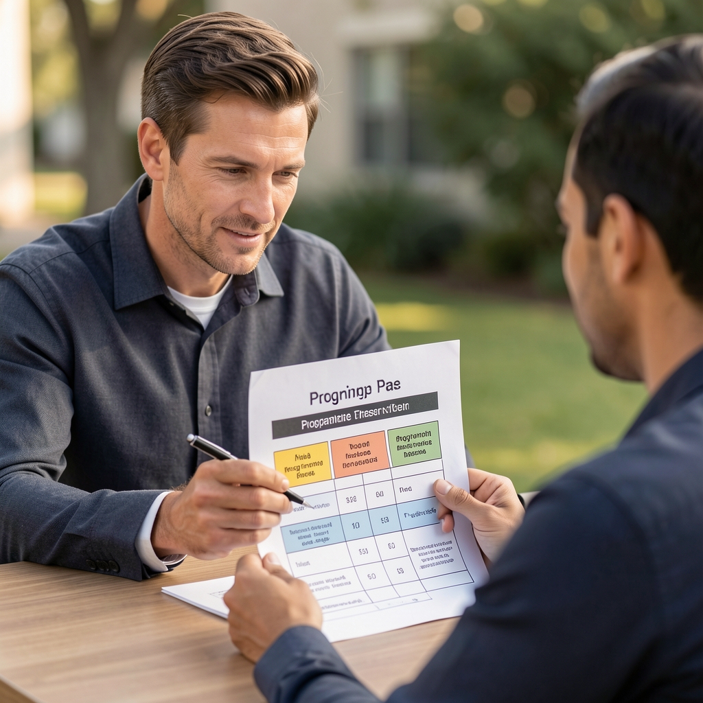 Coach reviewing a printed training plan with a client at a desk, highlighting programme phases on a periodised schedule document