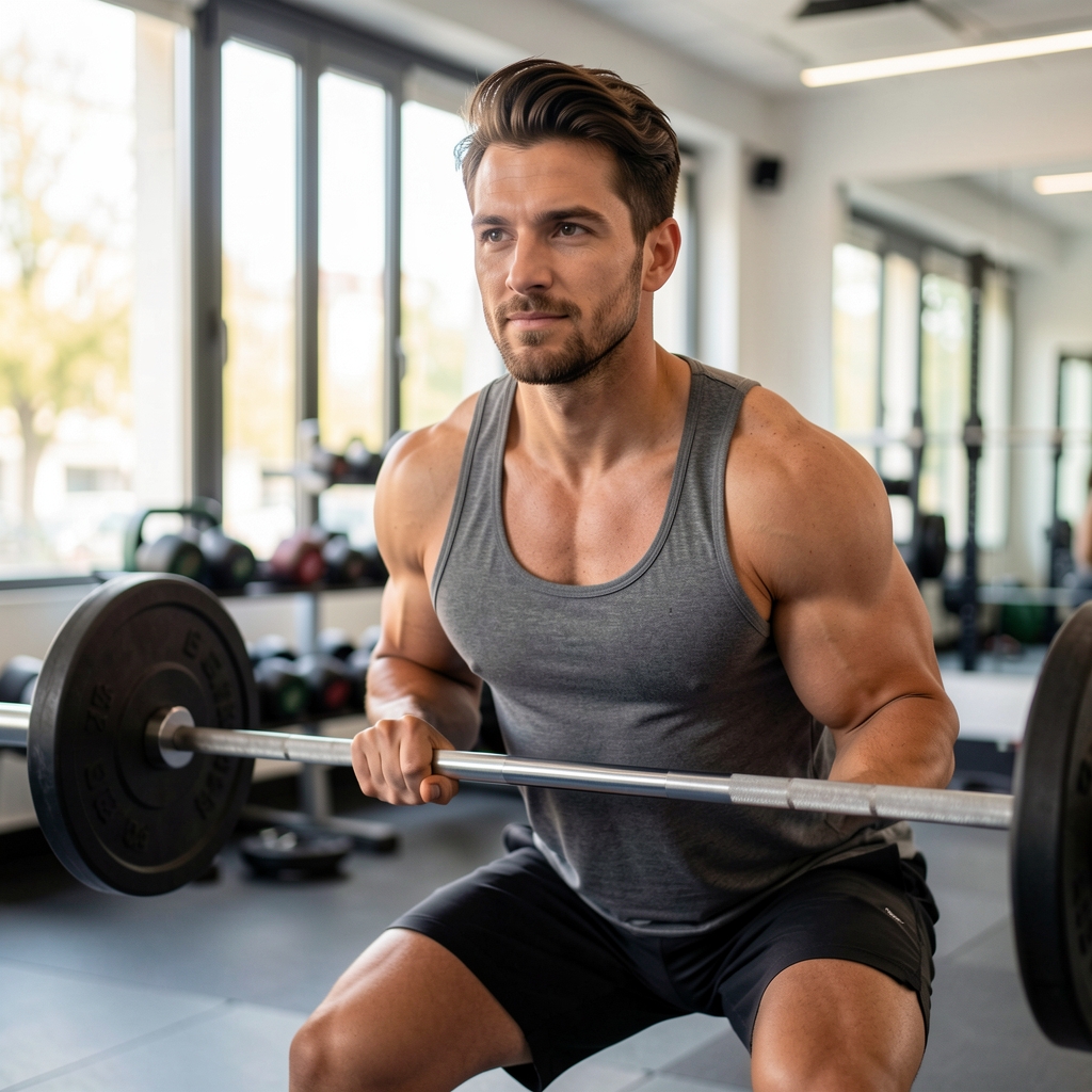 Personal trainer working with a client on barbell squat form inside a private Paris training studio with natural light and equipment visible
